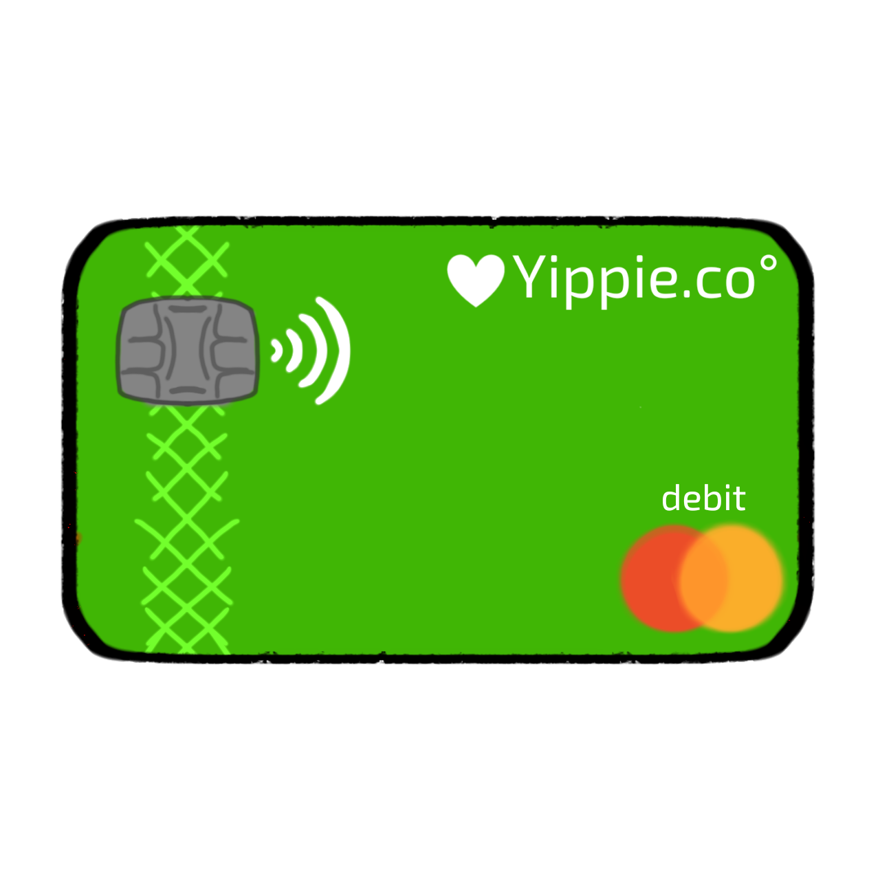 a green debit card with a contactless chip on the left, the text '♥ Yippie.co°' on the top right, and the Mastercard logo with the word 'debit' on the bottom right. A criss-cross pattern runs vertically on the left side.